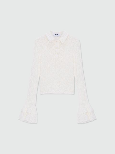 MSGM White long-sleeve lace polo shirt