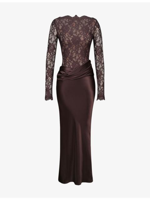 House of CB Yasmeen Lace-Bodysuit Stretch-Woven Maxi Dress