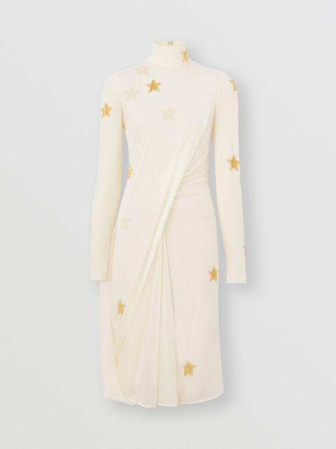 Long-sleeve Star Motif Gathered Silk Viscose Dress