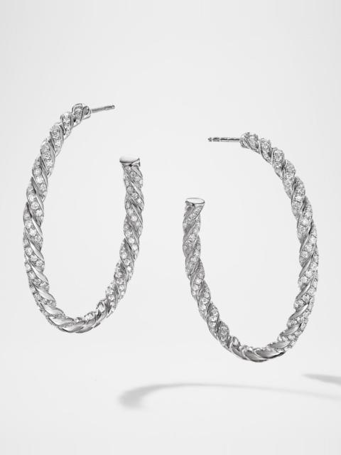 DAVID YURMAN Sculpted Cable Flex Hoop Earrings with Diamonds in 18K White Gold, 1.75"