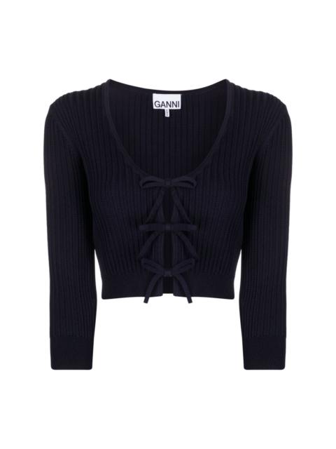 pussy-bow fastening ribbed-knit top