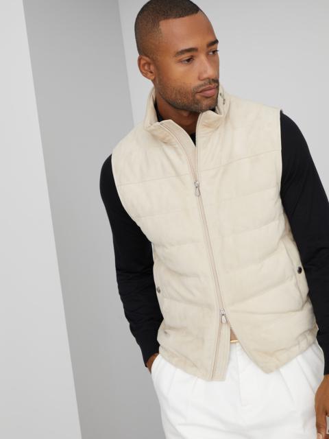 Suede down vest with packable hood