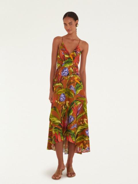 FARM RIO Brown Florart Euroflax Premium Linen Midi Wrap Dress