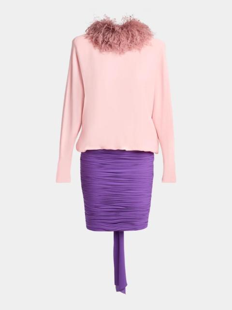 Valentino Feather-Collar Colorblock Silk Georgette Long-Sleeve Dress